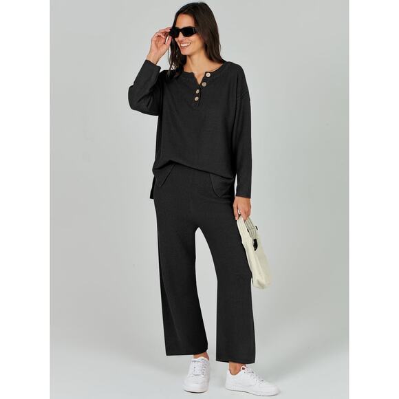 Two Piece Black waffle knit set lot bundle loungewear Large Black - Picture 1 of 14